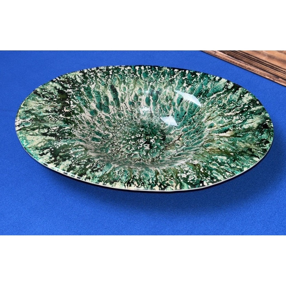 Akcam Turkish Art Glass Green and Beige Splatter print Oval Bowl 11x7.5"